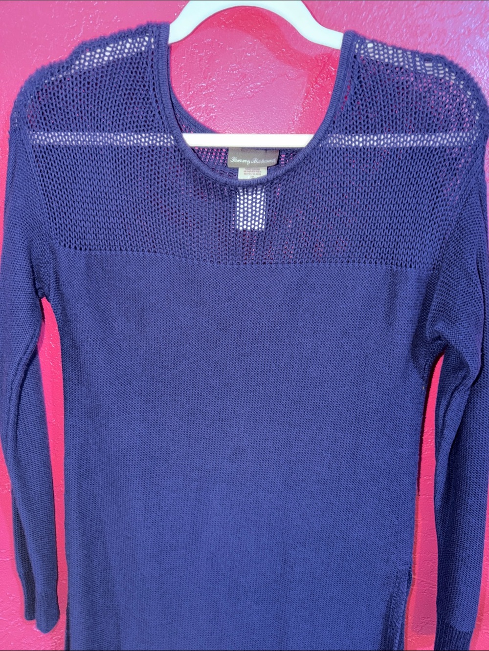 Tommy Bahama Navy Open-Knit Yoke Crewneck tunic Sweater Sz. S.  Preppy, nautical